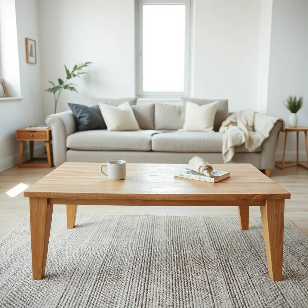 Handcrafted wooden coffee table with visible grain and warm finish in a bright living room setting