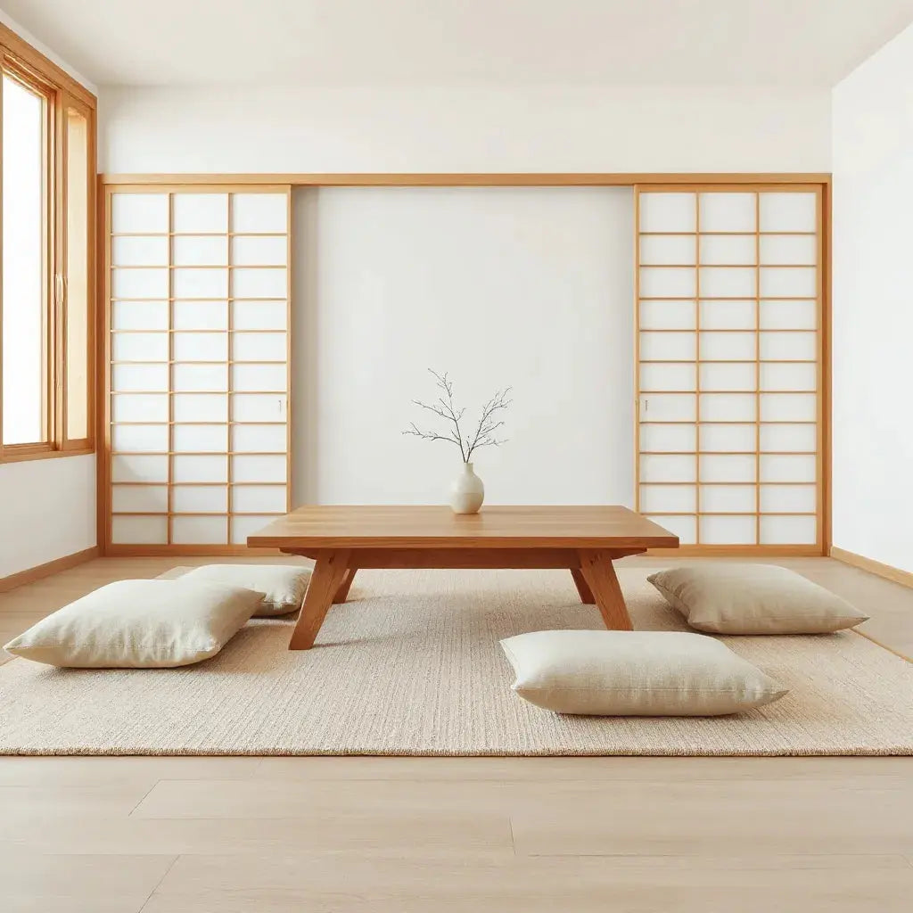 Minimal Japanese-inspired living room with low wooden table, floor cushions, shoji screen, and soft daylight.