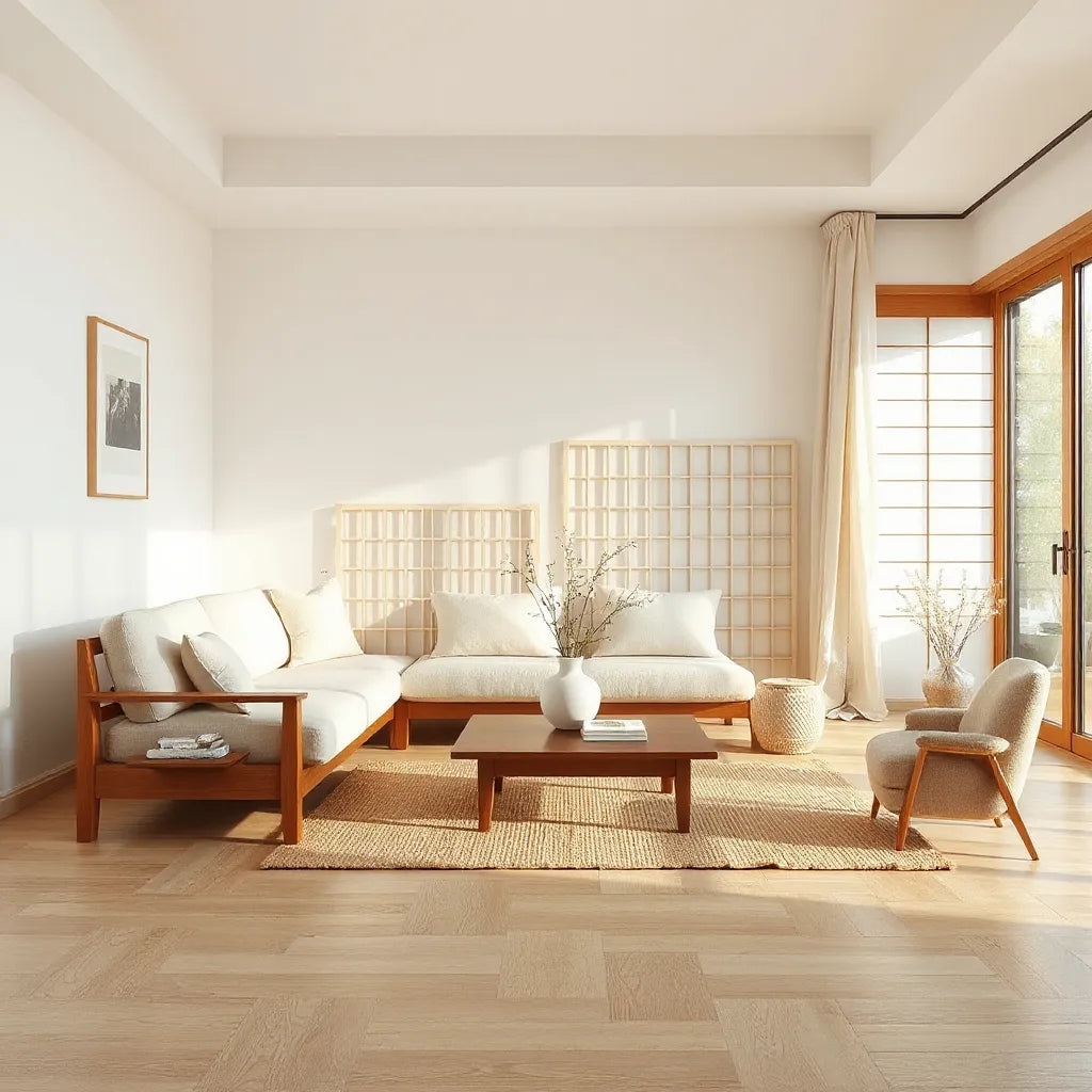 Minimalist living room with low wood sofa, shoji-style divider, and warm neutral decor