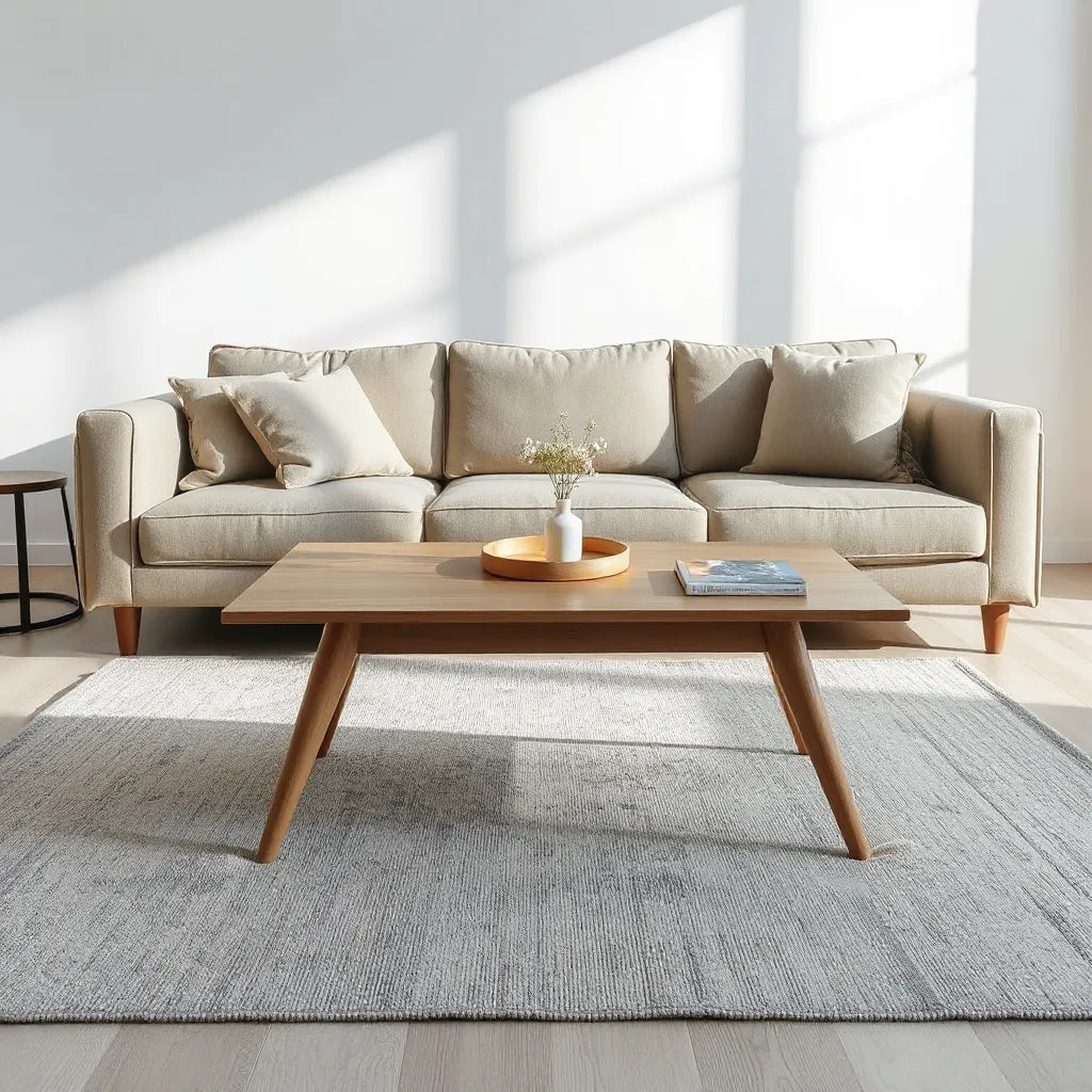 Minimal living room with a Ureshii coffee table centered on a neutral rug