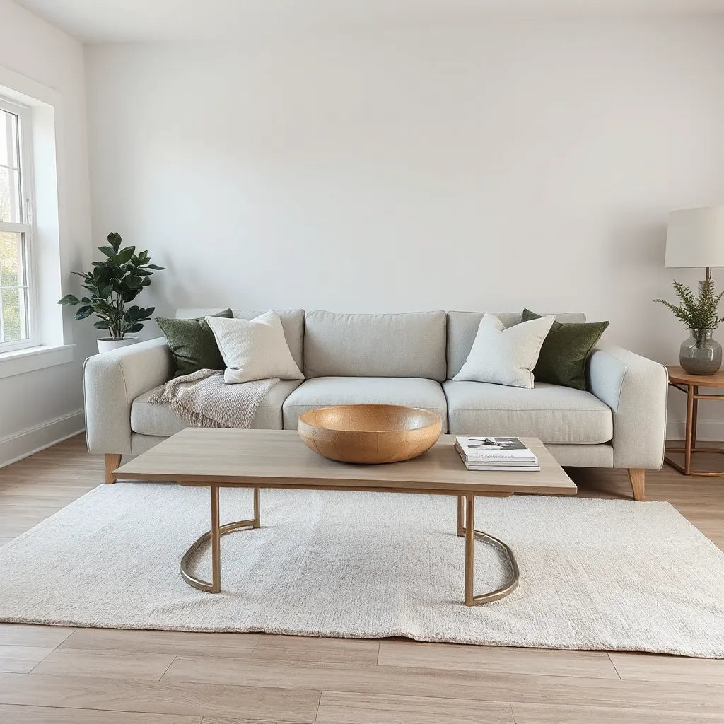 Modern living room with an elegant sofa and coffee table in a bright, minimal setting