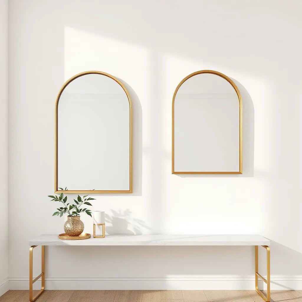 Two artistic wall mirrors with sculptural frames in a bright, minimal living room