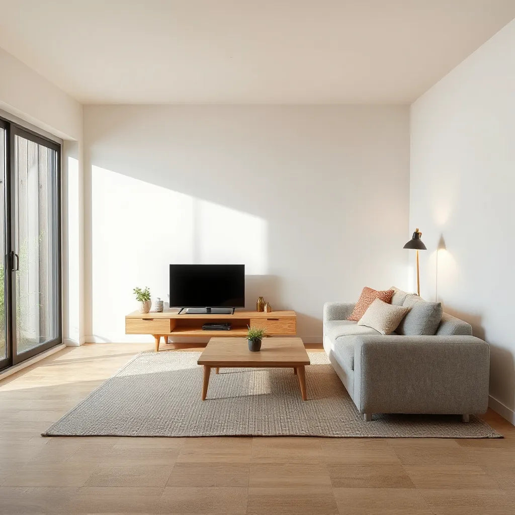 Low-profile Japanese-style living room with simple wood furniture and soft natural light