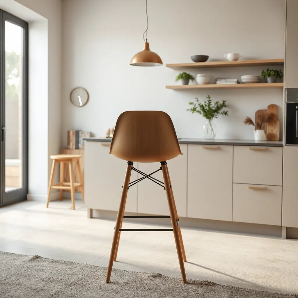 Modern bar stool at a kitchen island with neutral decor and soft daylight