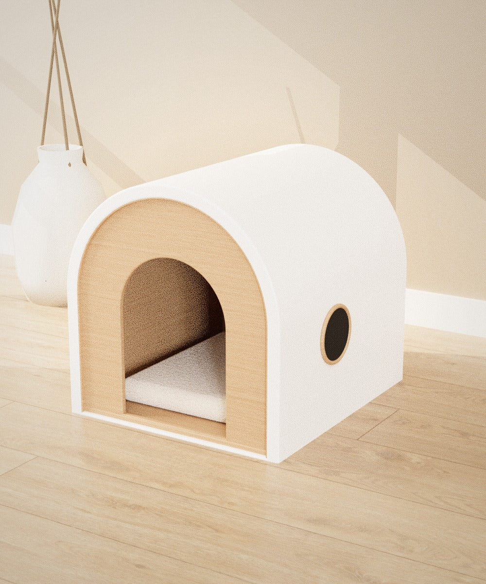 Kamakura Cat Cave in white: domed cat cave with a wood-lined interior, arched doorway and round side window