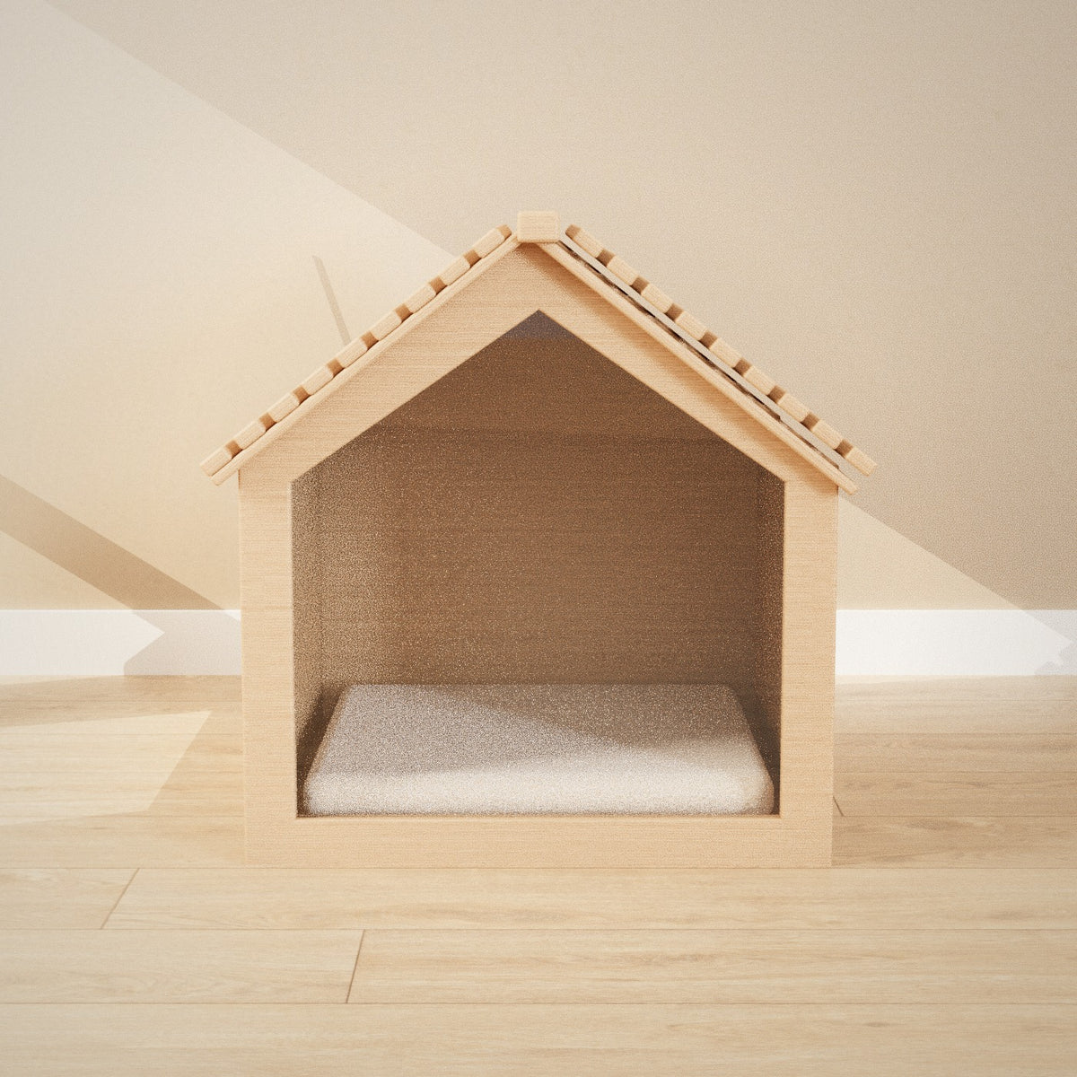 Koya Pet House in natural wood: wooden pet house with a slatted pitched roof and clear front panel, seen from the front