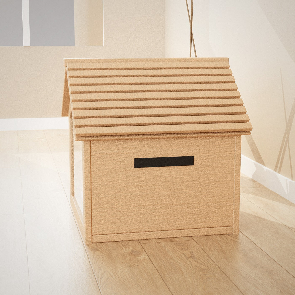 Koya Pet House in natural wood: wooden pet house with a slatted pitched roof and clear front panel, seen from the side