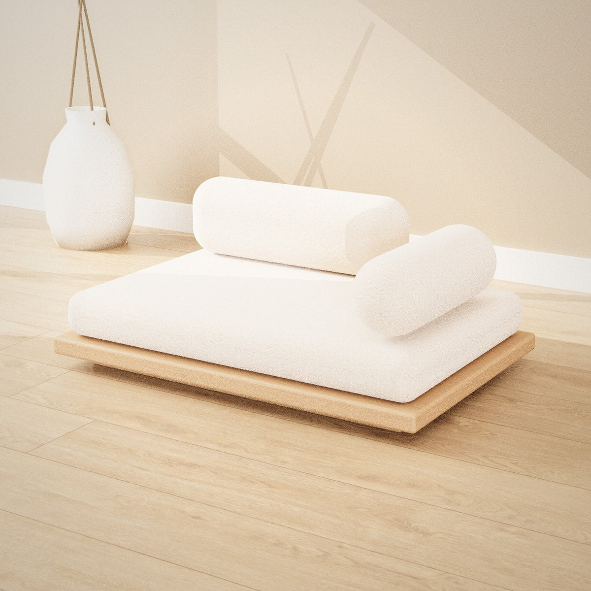 Nemuri Pet Daybed: low oak pet daybed with a cream bouclé cushion, back cushion and bolster