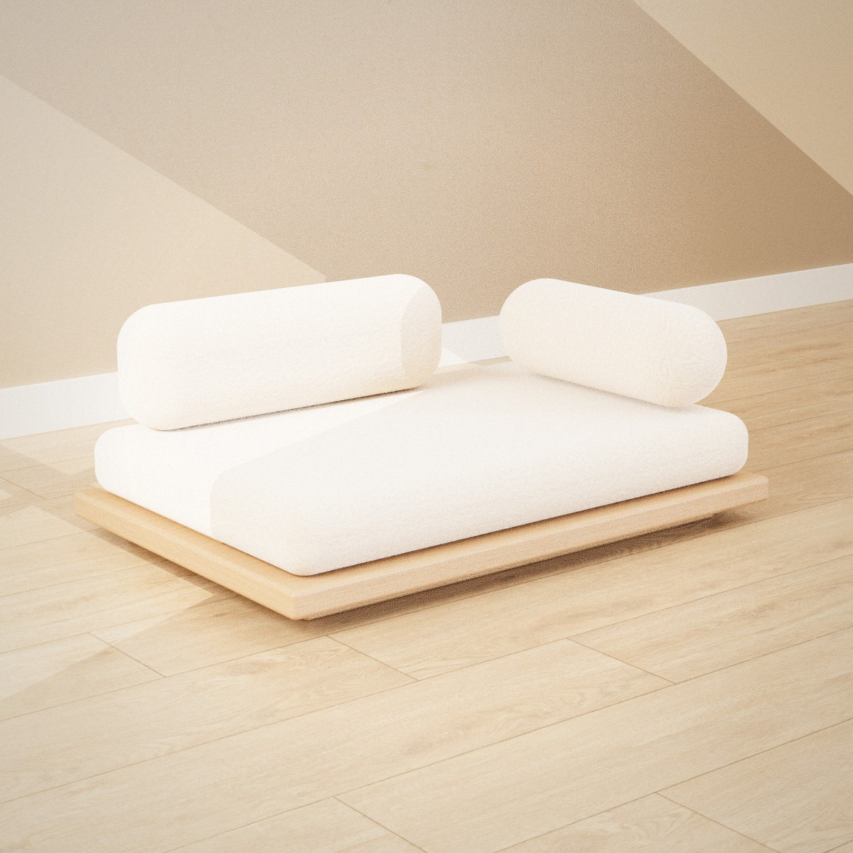 Nemuri Pet Daybed: low oak pet daybed with a cream bouclé cushion, back cushion and bolster, seen from the left