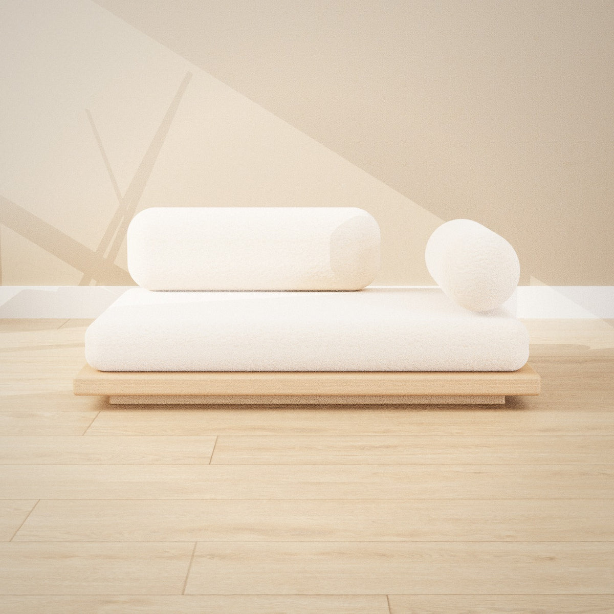 Nemuri Pet Daybed: low oak pet daybed with a cream bouclé cushion, back cushion and bolster, seen from the front