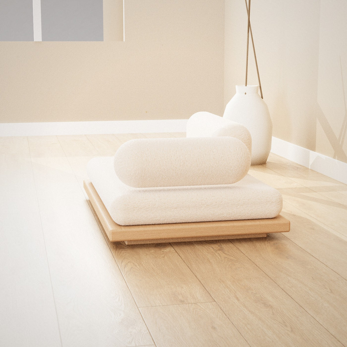 Nemuri Pet Daybed: low oak pet daybed with a cream bouclé cushion, back cushion and bolster, seen from the side