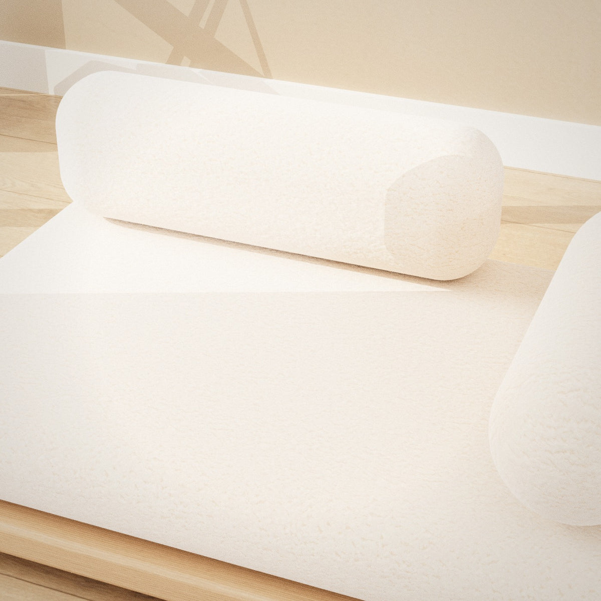 Nemuri Pet Daybed: low oak pet daybed with a cream bouclé cushion, back cushion and bolster, close-up of the cushion and wood finish