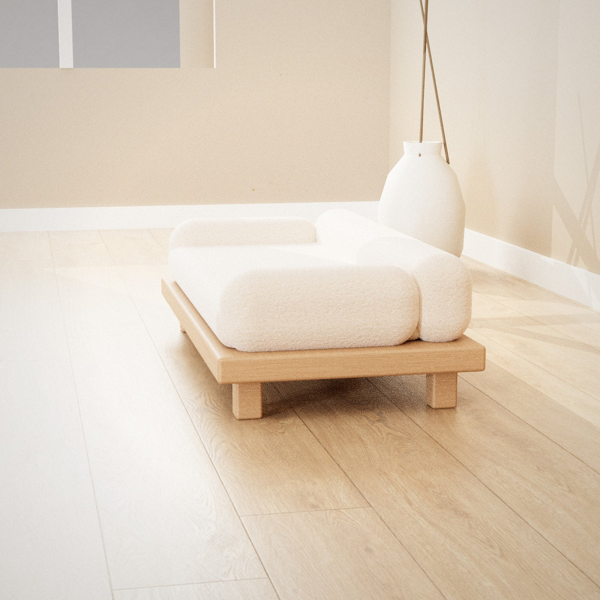 Shiro Pet Sofa: low oak pet sofa with a cream bouclé cushion and bolster sides, seen from the side