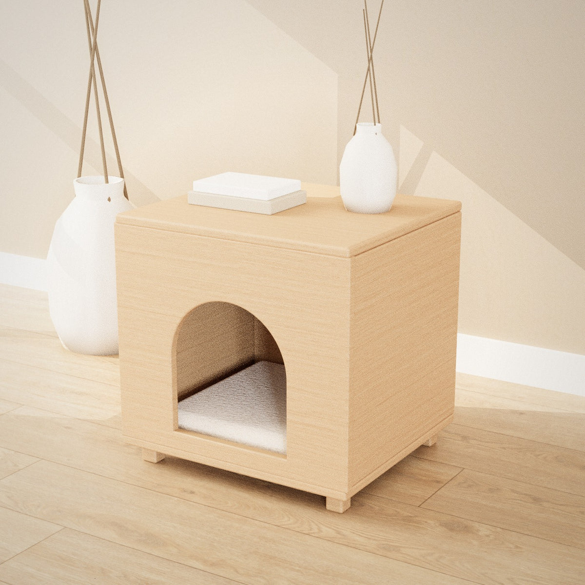 Tomo Pet Cube in natural wood: pet house with an arched doorway that doubles as a side table