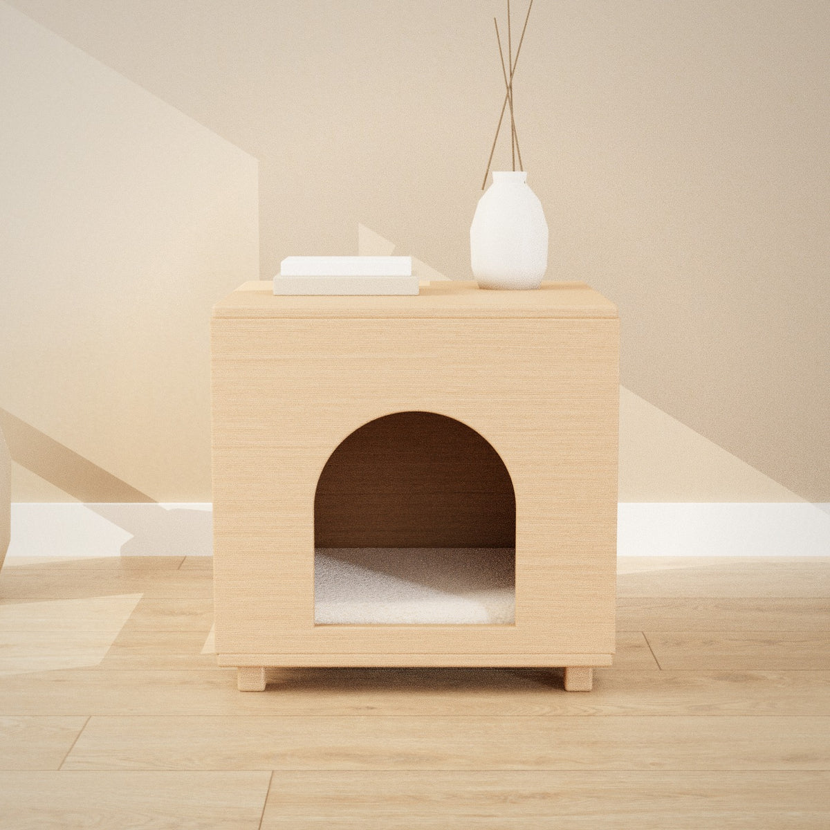 Tomo Pet Cube in natural wood: pet house with an arched doorway that doubles as a side table, seen from the front