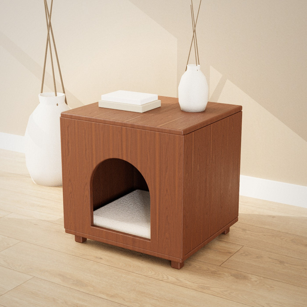 Tomo Pet Cube in walnut: pet house with an arched doorway that doubles as a side table