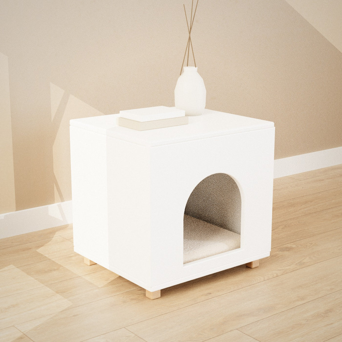 Tomo Pet Cube in white: pet house with an arched doorway that doubles as a side table, seen from the left