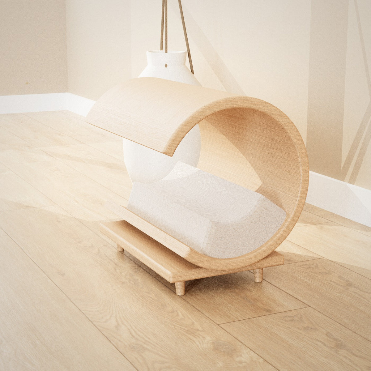 Tsuki Cat Lounger: crescent bentwood cat lounger with a grey bouclé cushion on an oak base