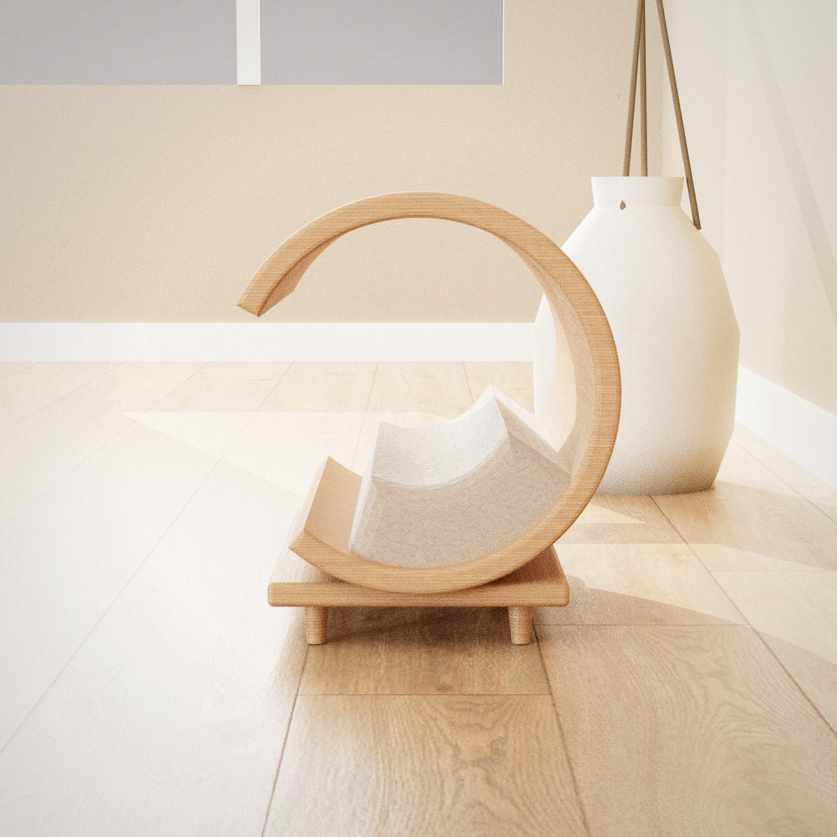 Tsuki Cat Lounger: crescent bentwood cat lounger with a grey bouclé cushion on an oak base, seen from the front