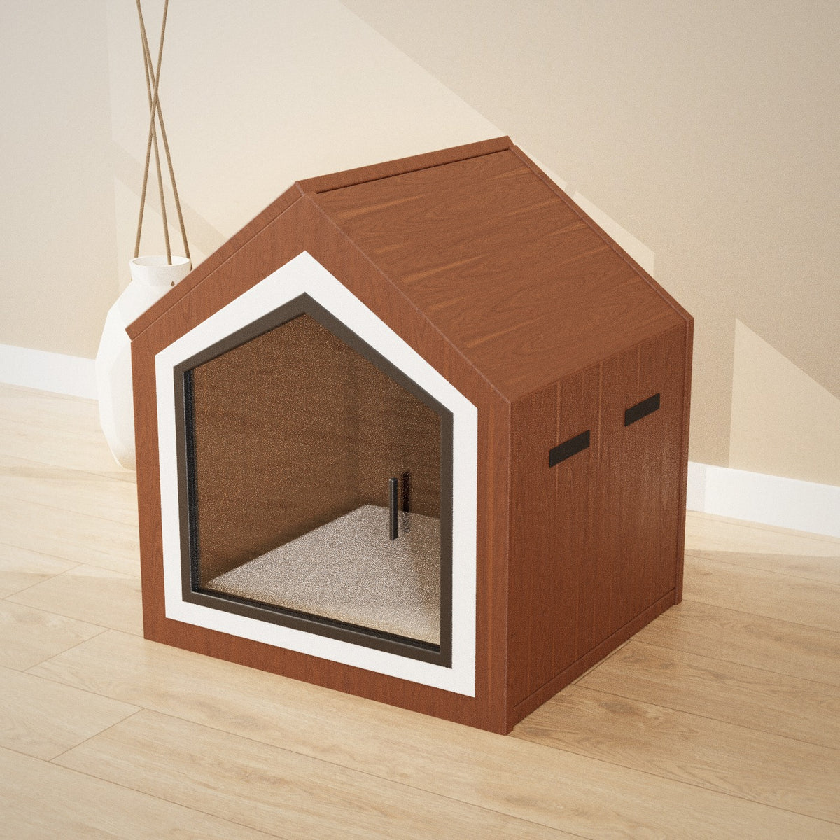 Yado Pet House: walnut pet house with a white and black framed doorway and clear door
