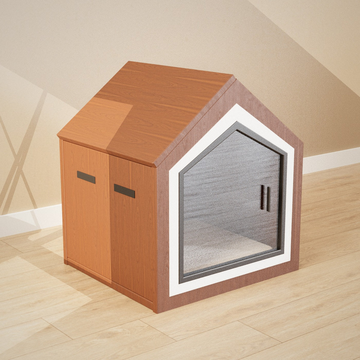 Yado Pet House: walnut pet house with a white and black framed doorway and clear door, seen from the left