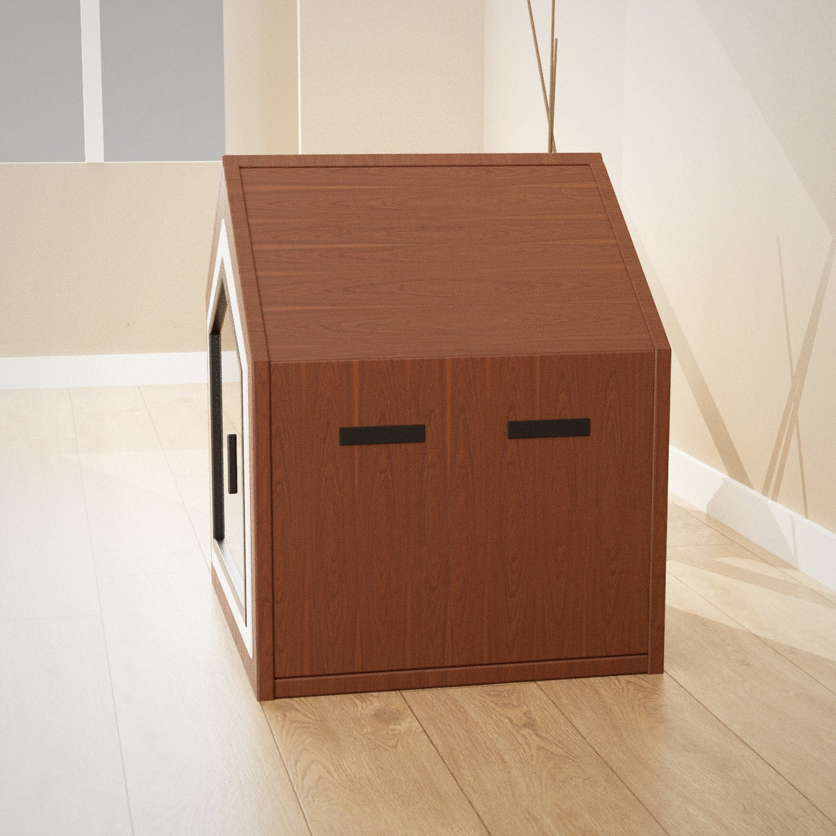 Yado Pet House: walnut pet house with a white and black framed doorway and clear door, seen from the side